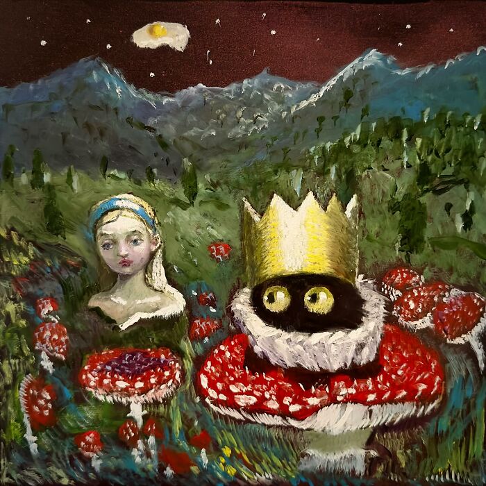Chaotic black cat wearing a crown sits on a red mushroom next to a bust in a whimsical landscape painting.