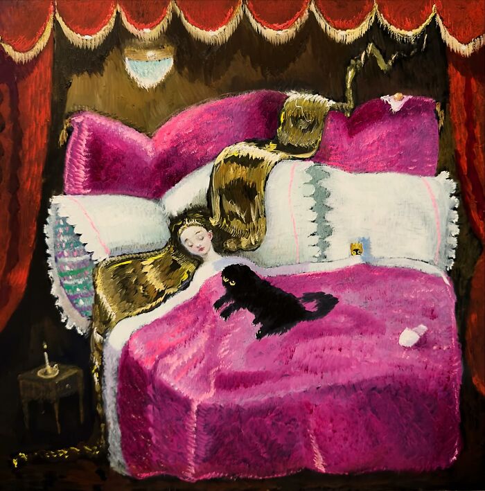 Humorous painting of a chaotic black cat on a vintage pink bed with a sleeping woman nearby.