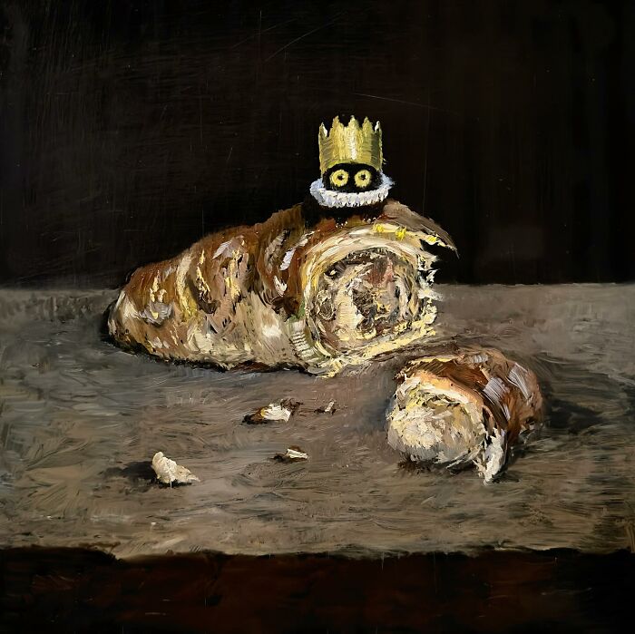 Chaotic black cat with a crown perched on a sliced bread loaf in a humorous painting setting.