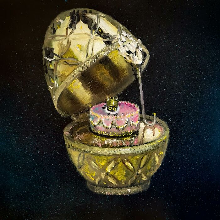 Humorous painting of a chaotic black cat inside a decorative box, with vibrant colors and whimsy.