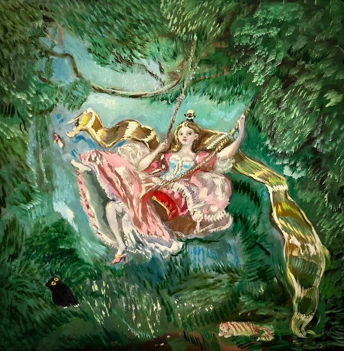 Chaotic black cat in a humorous painting of a woman on a swing in a lush garden.