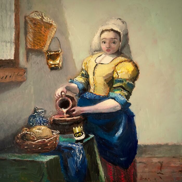 A humorous painting of a black cat causing chaos in a historical kitchen setting with a woman pouring liquid.