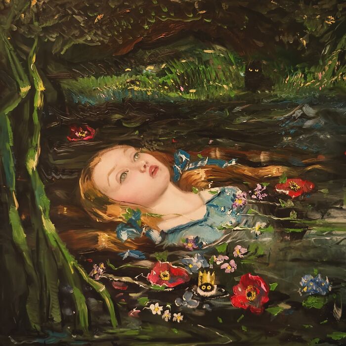 Humorous painting of a girl in water with black cats peeking from foliage, surrounded by colorful flowers.