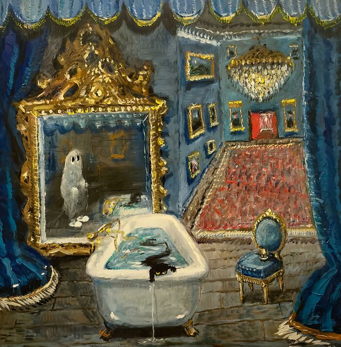 Chaotic black cat in a bathtub, spilling water in a blue-toned, ornate room with a golden-framed mirror and chandelier.
