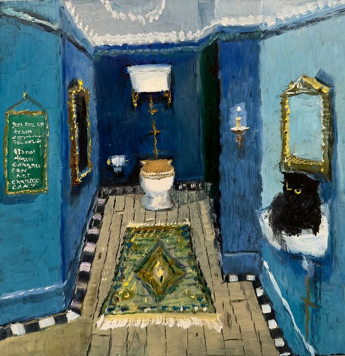 Chaotic black cat in a whimsical, colorful bathroom setting, adding humor to the artistic scene.