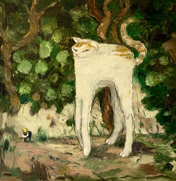Chaotic painting of a surreal white cat with long legs in a forest setting.