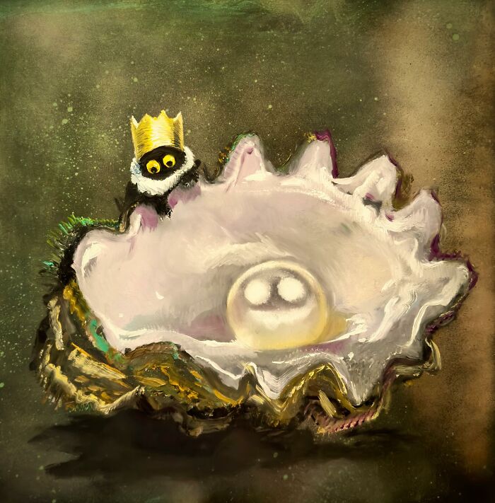 Chaotic black cat with a crown peers over a giant pearl in a whimsical setting.