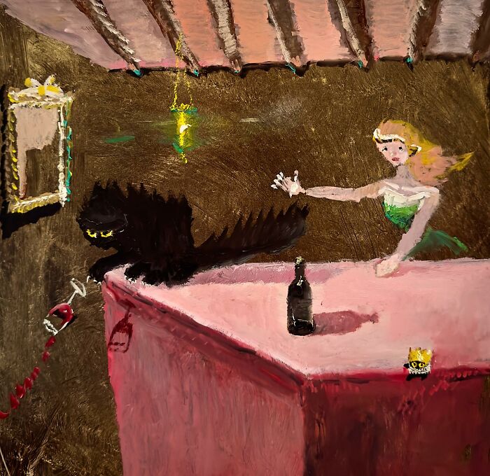 Chaotic black cat in a bar setting knocks over a wine glass as a woman reaches out, humorous painting.