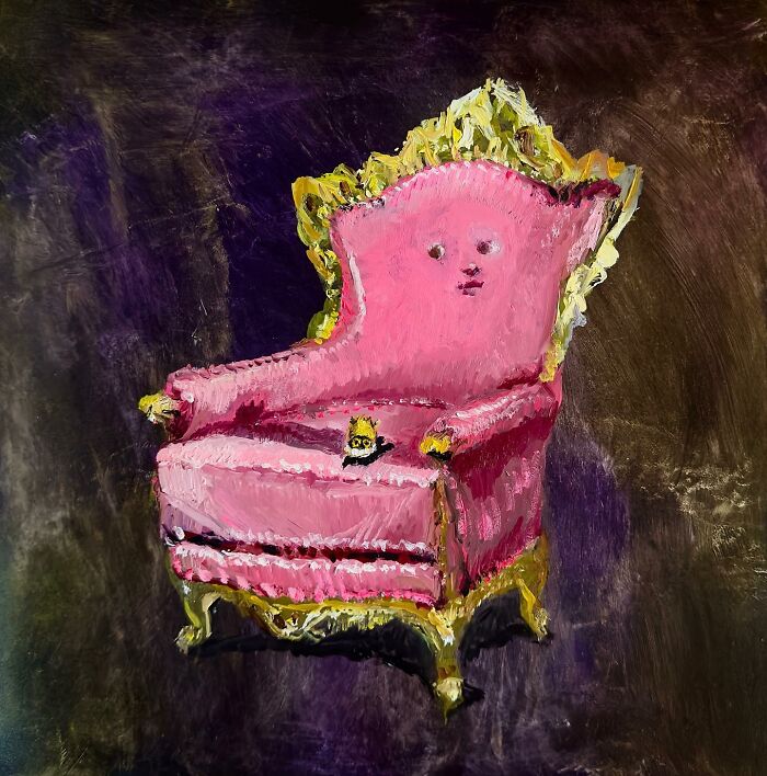 Chaotic black cat painted sitting on a pink ornate chair, showcasing humorous and whimsical art.