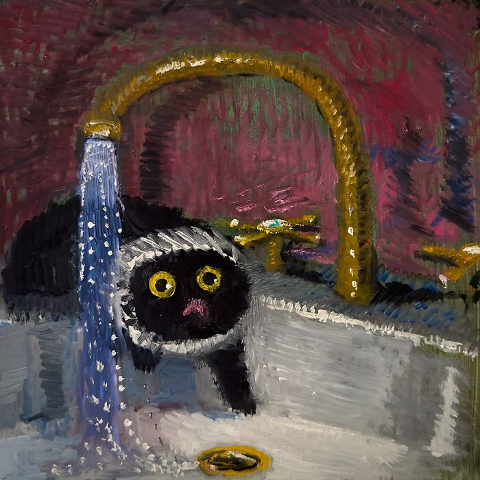 Humorous painting of a black cat in a bathtub, looking chaotic with wide eyes under a shower.