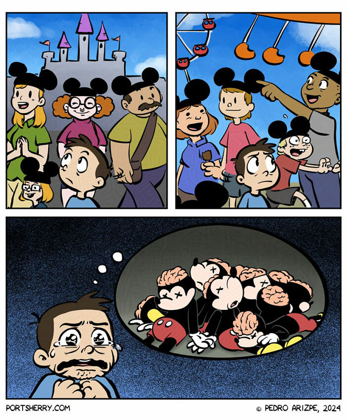 Comic by Pedro Arizpe showing people wearing mouse ears and a man imagining toys with exposed brains.