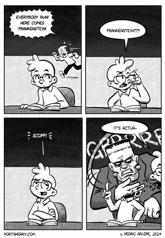 Comic strip by Pedro Arizpe featuring a surprised character reacting to Frankenstein's arrival.