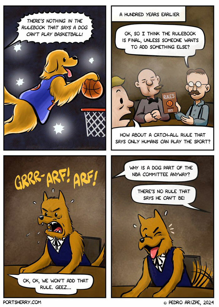 Dog plays basketball in Port Sherry comic by Pedro Arizpe, humorously challenging NBA rules.