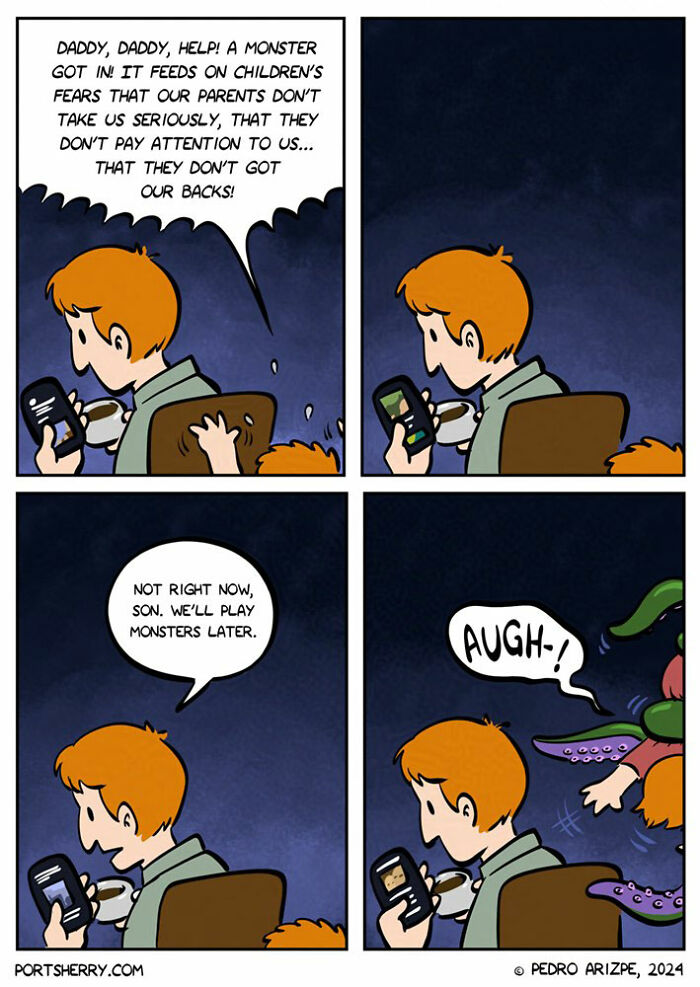 Comic by Pedro Arizpe showing a distracted father ignoring his child's fear of a monster.