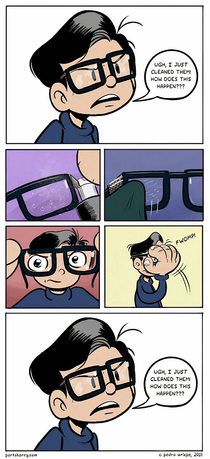 Comic character frustrated by dirty glasses, featured in Port Sherry comic strip by Pedro Arizpe.