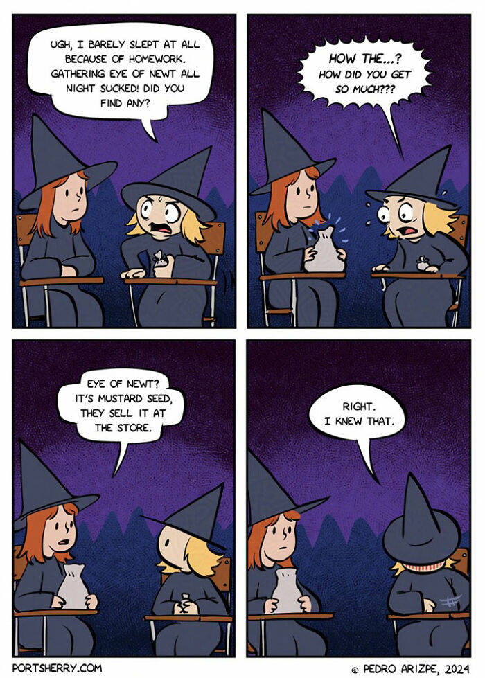 Two witches in conversation, with one holding a bag labeled "eye of newt," revealing it's actually mustard seed. Comic by Port Sherry.
