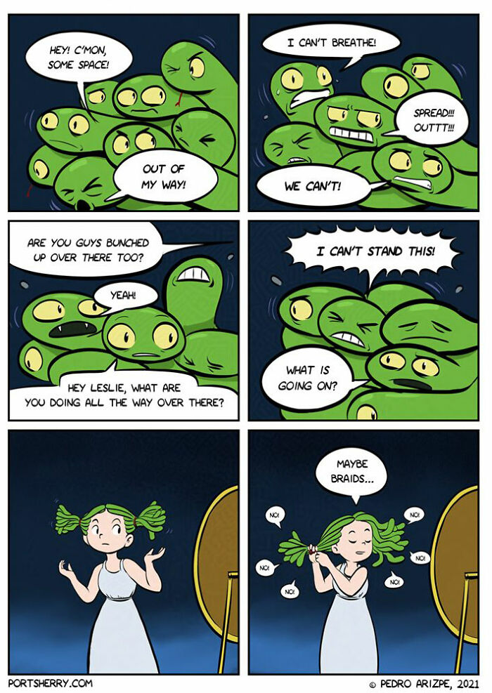 "Port Sherry comic by Pedro Arizpe: green characters struggle for space, while Leslie considers braiding her hair."