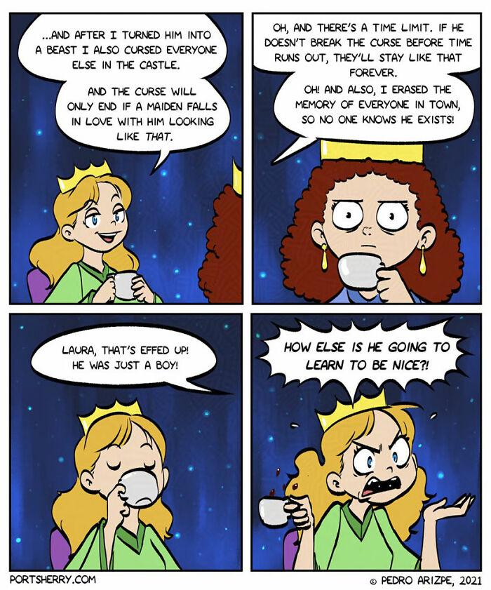 Comic strip from "Port Sherry" by Pedro Arizpe, featuring characters discussing a beast curse over coffee.