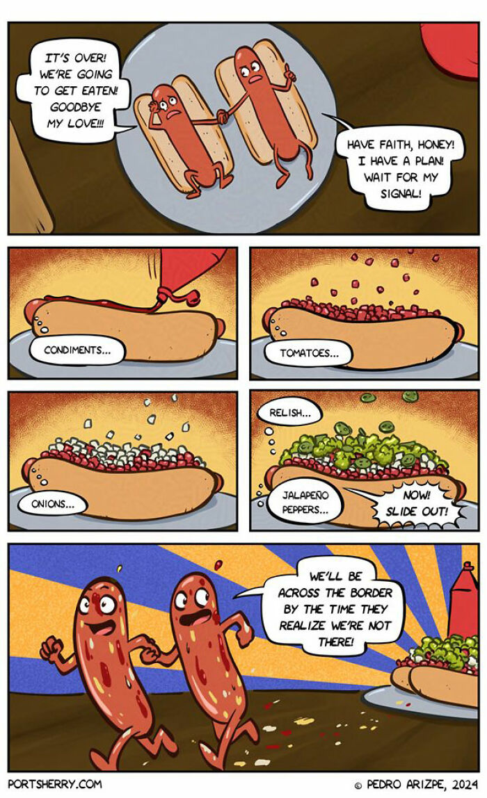 Cartoon hot dogs planning escape from buns in a Port Sherry comic by Pedro Arizpe.