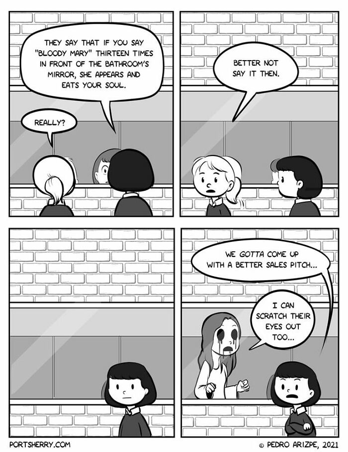 Comic from Port Sherry by Pedro Arizpe: characters discuss "Bloody Mary" lore with humor and a humorous twist.