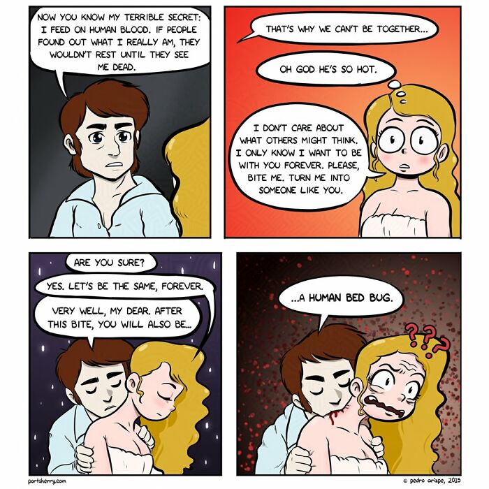 Comic strip showing a conversation between two characters with a surprising twist about vampires in "Port Sherry."