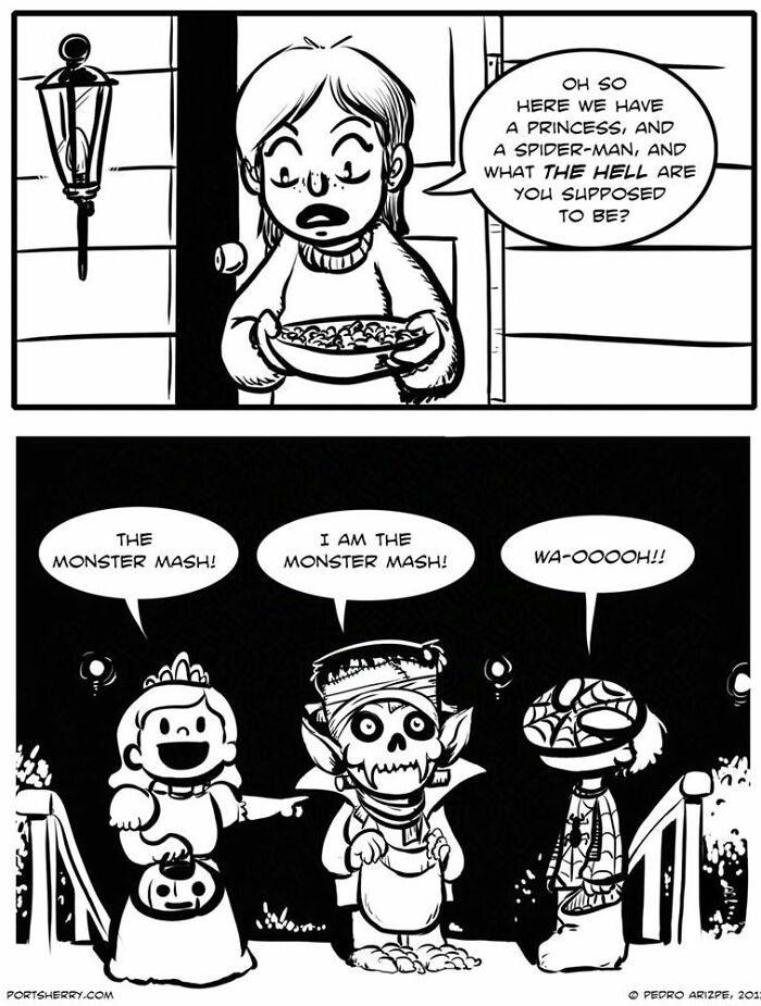 Trick-or-treaters in "Port Sherry" comic by Pedro Arizpe dressed as spooky characters.