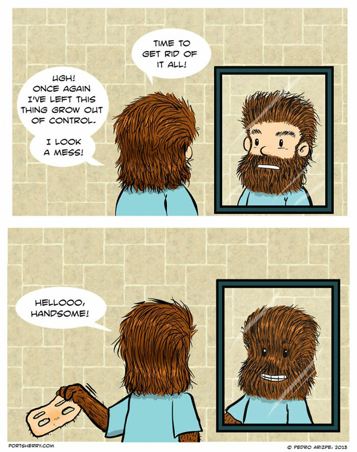 Character looking in the mirror, deciding to shave, then holding a mask in "Port Sherry" comic strip by Pedro Arizpe.