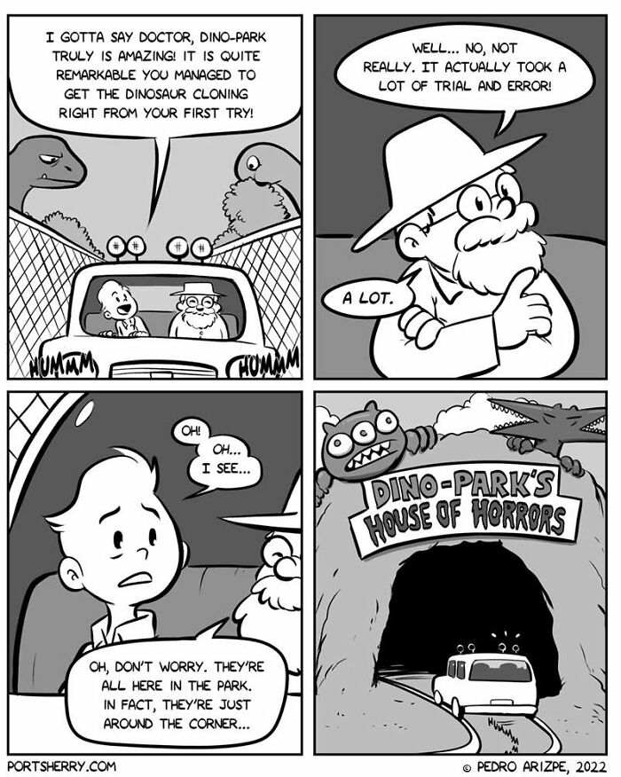 Two characters in a car discuss cloning dinosaurs at a theme park in a "Port Sherry" comic by Pedro Arizpe.