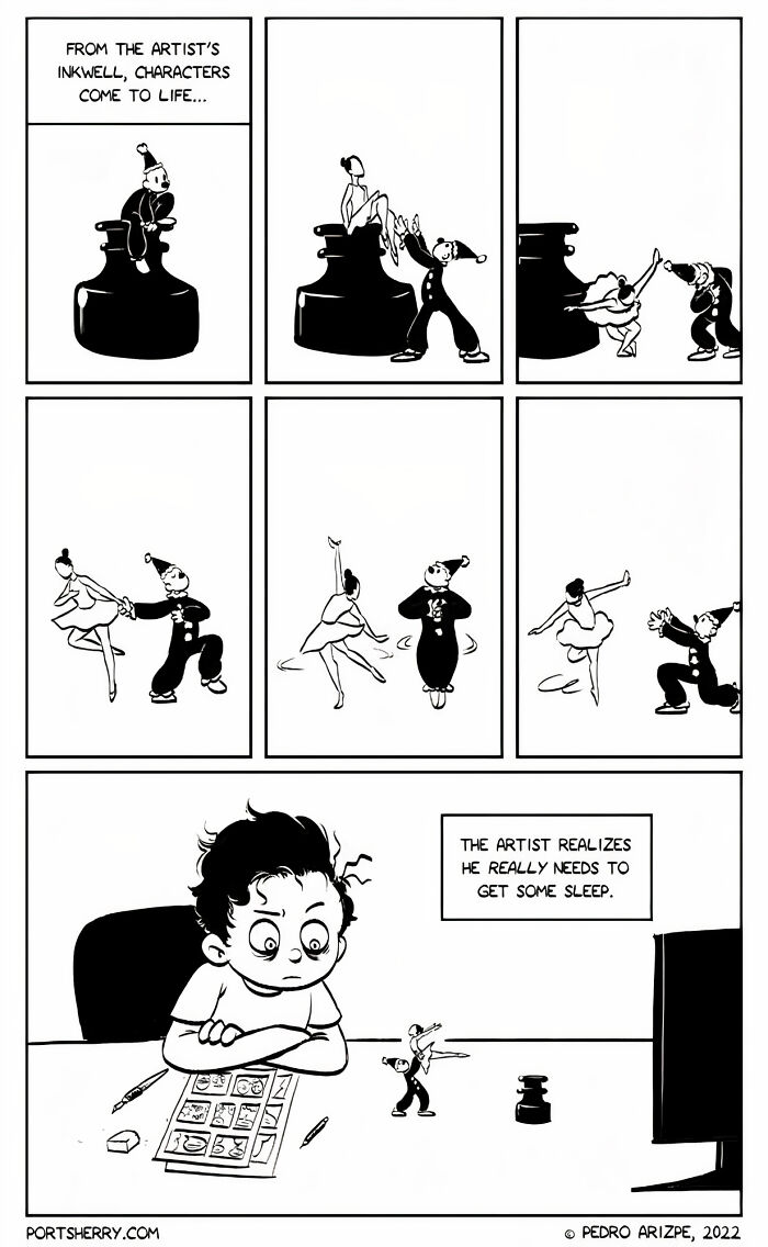Comic by Pedro Arizpe showing characters emerging from ink bottles, with an artist needing sleep. Port Sherry series.