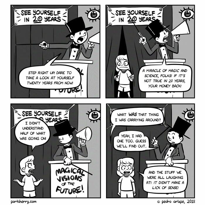 Comic strip by Pedro Arizpe featuring a magician showing future visions to a boy, titled "Port Sherry."