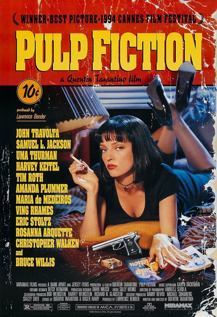 Poster of "Pulp Fiction" featuring Uma Thurman with film details; part of IMDb's top cinematic masterpieces.