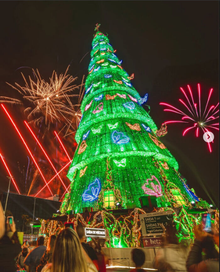 Illuminated Christmas tree with colorful lights and fireworks in a city, capturing a festive celebration scene.