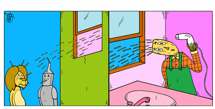 Funny comic inspired by Wicked and The Wizard of Oz shows lion and tin man watching scarecrow dry his hair humorously.