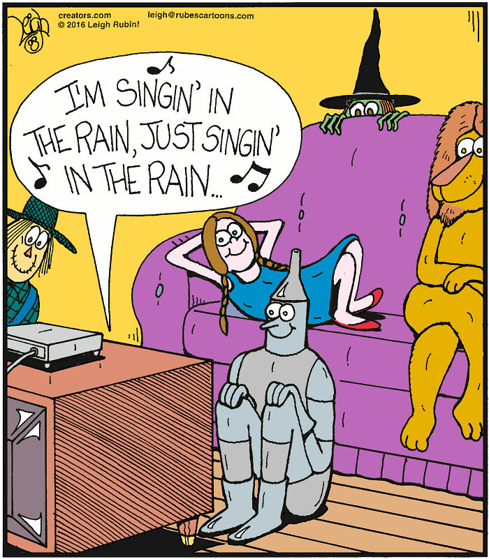 Comic scene with Wizard of Oz characters singing and relaxing, inspired by Wicked and Wizard of Oz comics by Leigh Rubin.