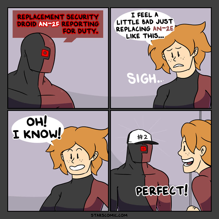 Comic panel featuring a human assigning a #2 hat to a replacement security droid aboard a starship.