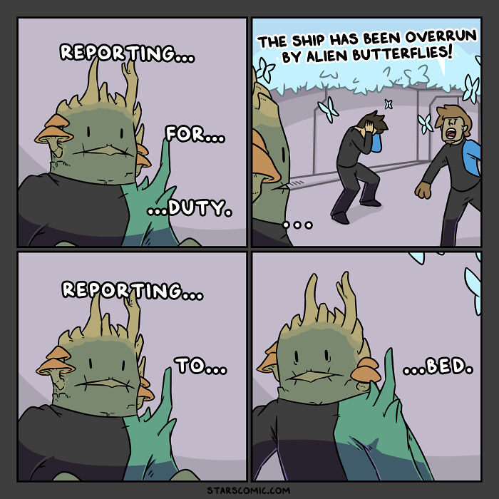 Alien in comic series humorously deals with butterfly invasion aboard starship.