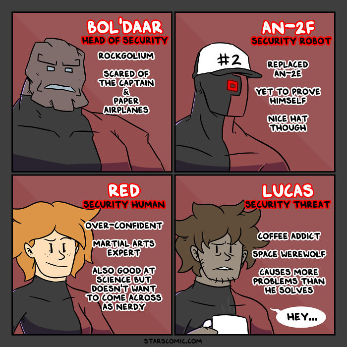 Comic featuring humans and aliens aboard a starship: Bol'Daar, AN-2F, Red, and Lucas with humorous descriptions.