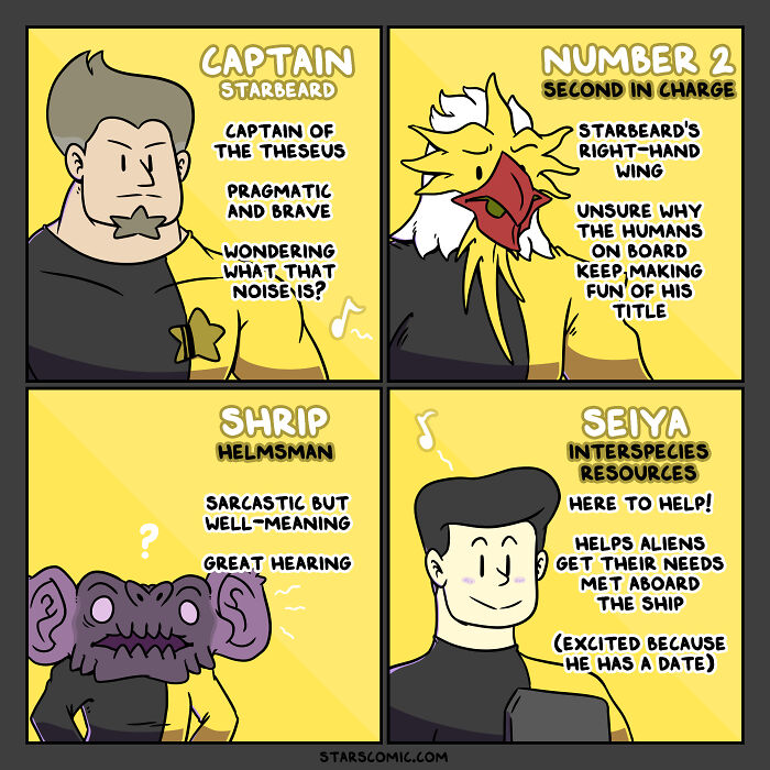 Comic characters from "Stars" series: Captain Starbeard, Number 2, Shrip, and Seiya aboard a starship, interacting.