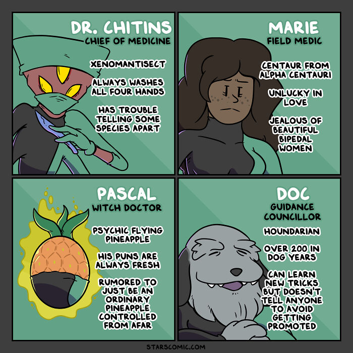 Comic series featuring aliens and humans aboard a starship: Dr. Chitins, Marie, Pascal, and Doc showcase diverse roles and quirks.