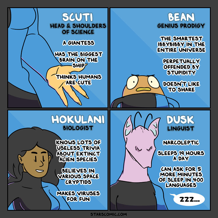 Comic series featuring aliens Scuti, Bean, Hokulani, and Dusk aboard a starship, illustrating their personalities and roles.
