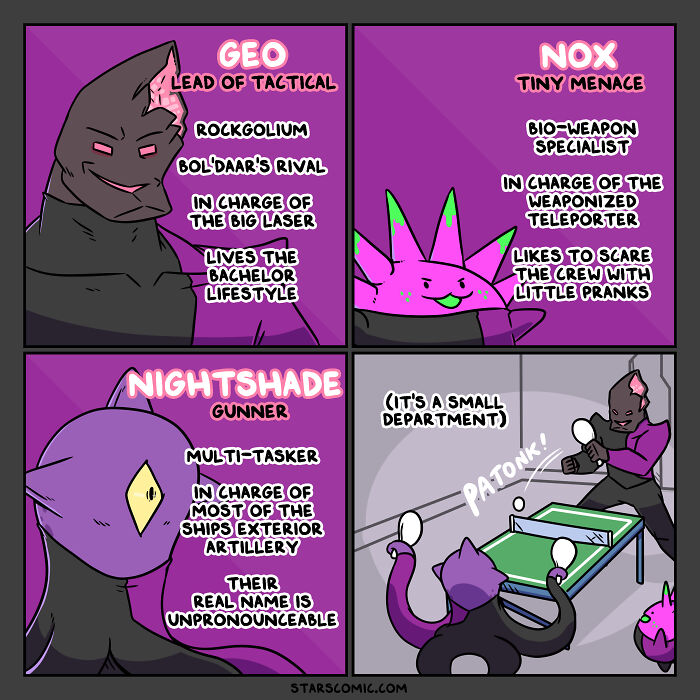 Comic series featuring three quirky aliens named Geo, Nox, and Nightshade aboard a starship, highlighting their roles and antics.
