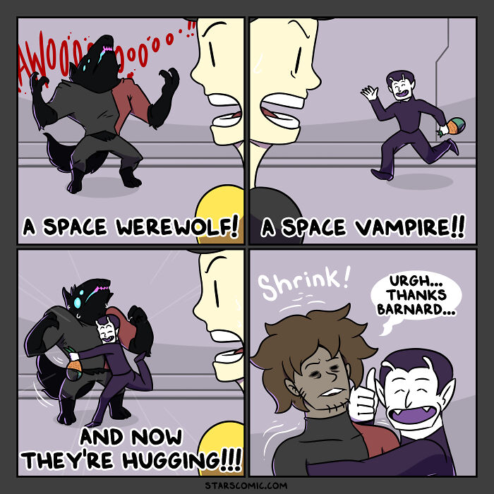 Comic series about humans and aliens aboard a starship; a space werewolf and vampire hug, showing friendship.