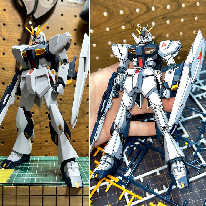 Before-and-after of Gundam action figure, artistically repainted with intricate details and highlights.