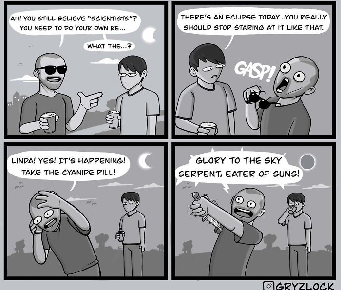 Comic with quirky and sarcastic dialogue about the eclipse, featuring unexpected reactions and discussion on scientific beliefs.