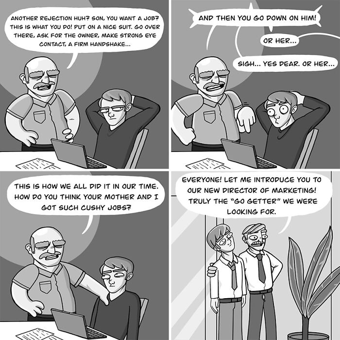 Comic strip with quirky and sarcastic dialogue, featuring unexpected job advice leading to a surprising promotion.