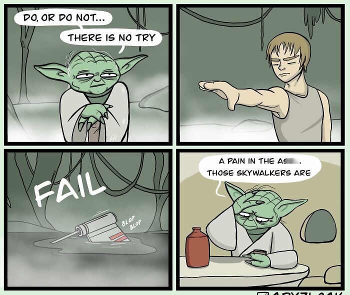 Quirky comic with unconventional ending features a failed Jedi attempt and sarcastic Yoda remark.