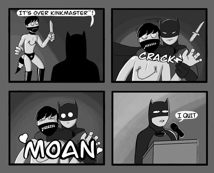 Comic art with a quirky and sarcastic twist, featuring a masked hero confronting a villain and making an unexpected announcement.