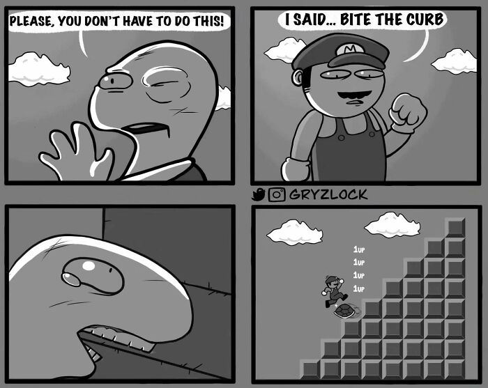 Quirky comic strip featuring Mario character with unexpected sarcastic ending.