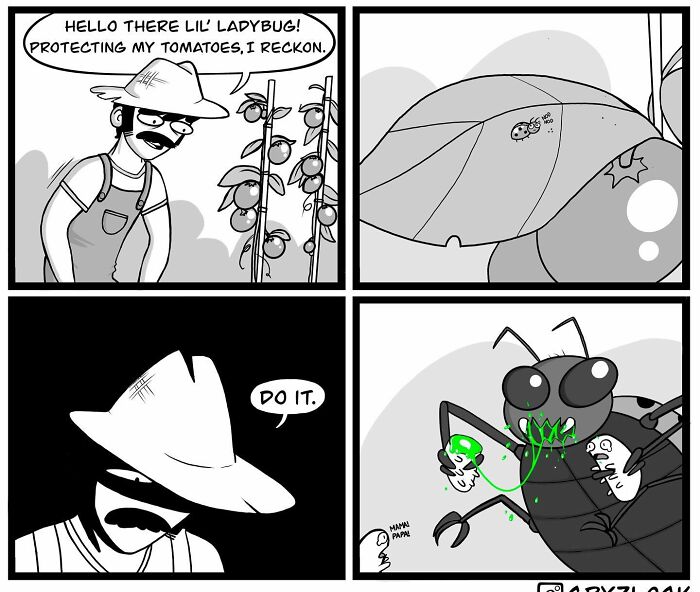 Quirky comic strip with a farmer, sarcastic dialogue, and an unexpected bug transformation.