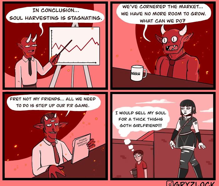Quirky comic featuring demons discussing soul harvesting and a man's humorous desire for a goth girlfriend.